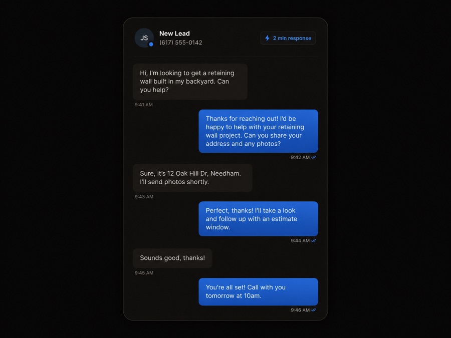 Text thread: new lead answered in two minutes