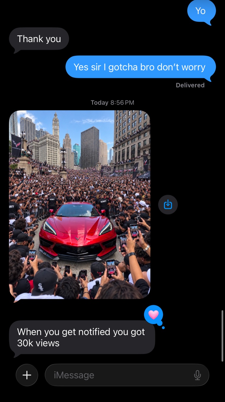 Client text thread reacting to a post hitting 30,000 views